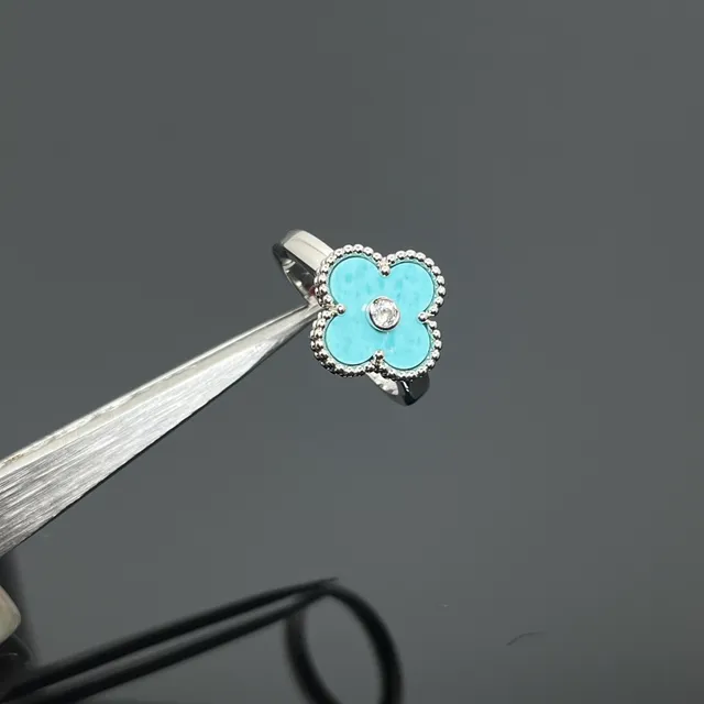 Blue Silver Four-Petal Clover-Shaped Enamel Beaded Milgrain Edge Ring 2