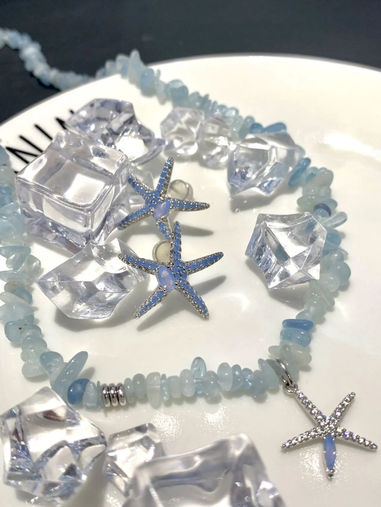 Blue Silver Starfish-Shaped Pave-Set Stones Earrings 2
