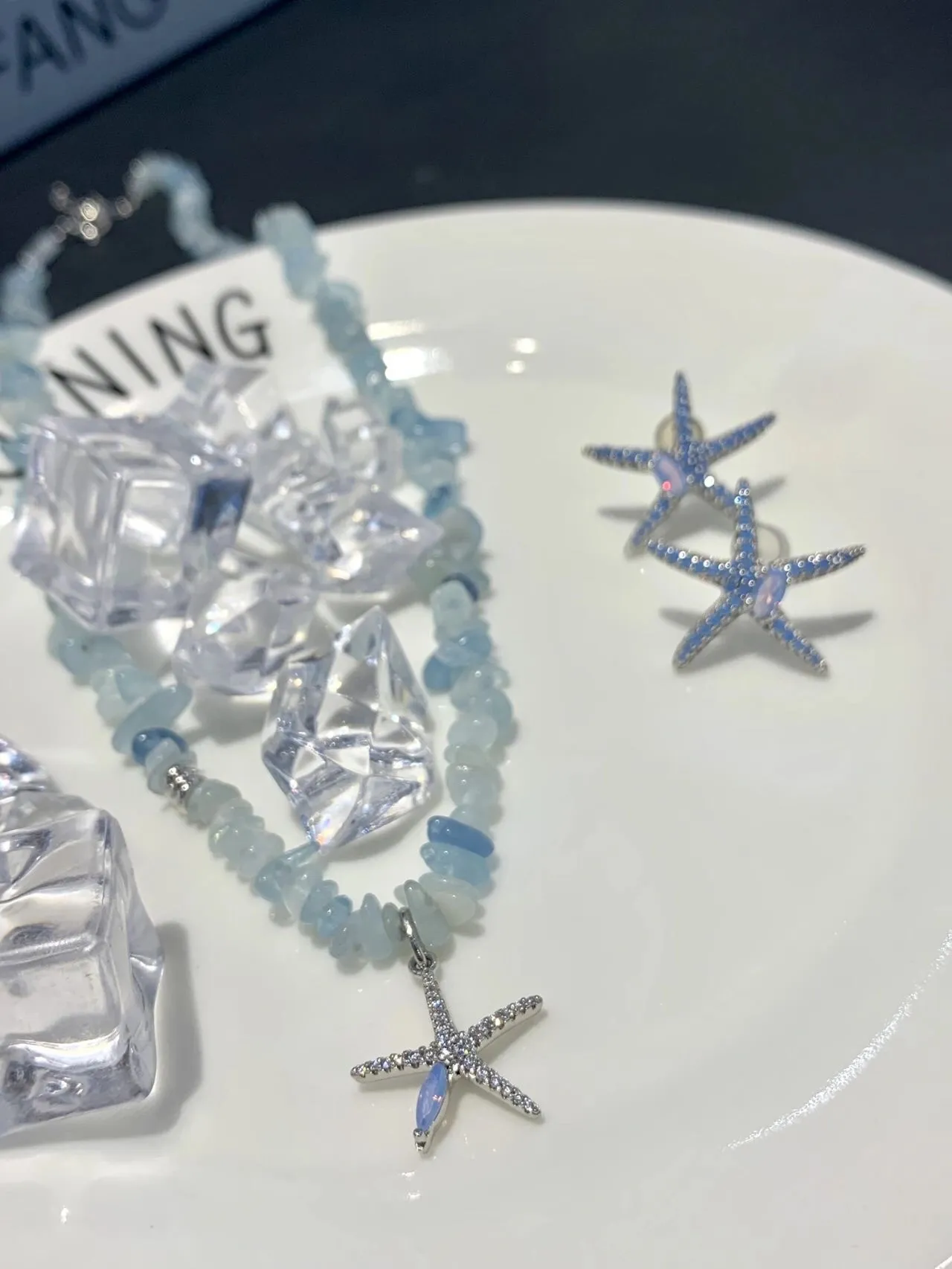 Blue Silver Starfish-Shaped Pave-Set Stones Earrings 3