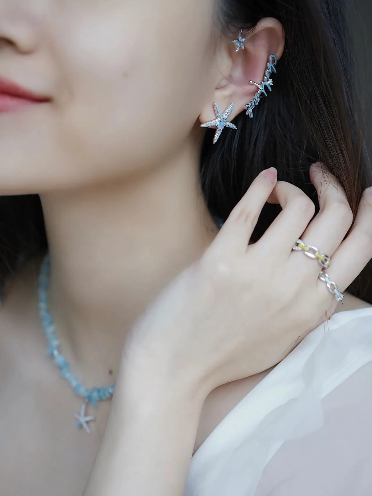 Blue Silver Starfish-Shaped Pave-Set Stones Earrings 7
