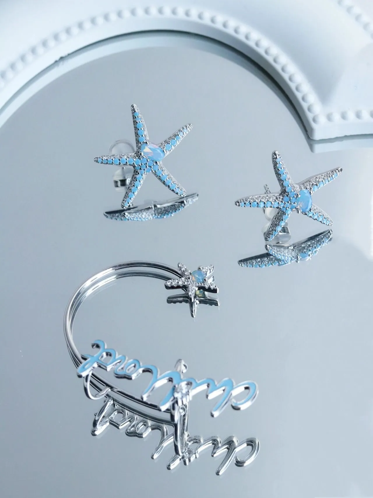Blue Silver Starfish-Shaped Pave-Set Stones Earrings 8