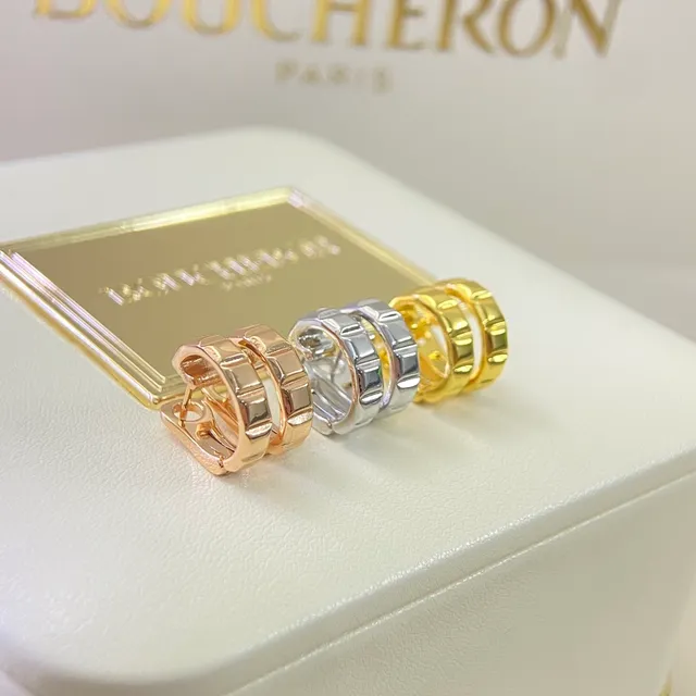 Boucheron Gold Silver Hinged Hoop Textured Bezel Earrings 2