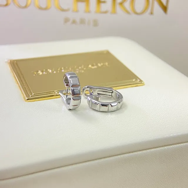 Boucheron Gold Silver Hinged Hoop Textured Bezel Earrings 9