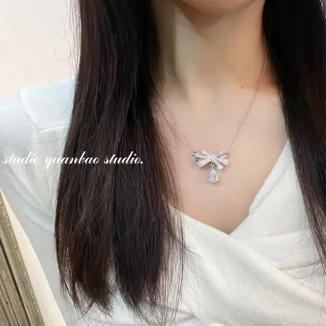 Bow Motif Pavé Crystal Teardrop Drop Necklace 3