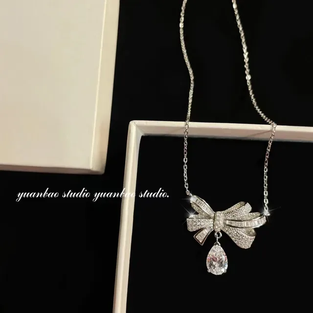 Bow Motif Pavé Crystal Teardrop Drop Necklace 4