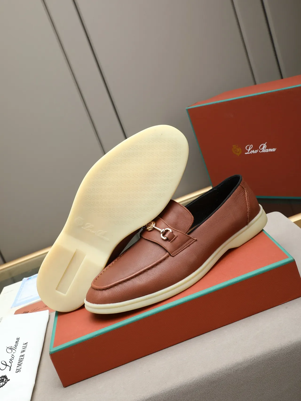 Brown Beige Leather Horsebit Strap Loafer 4