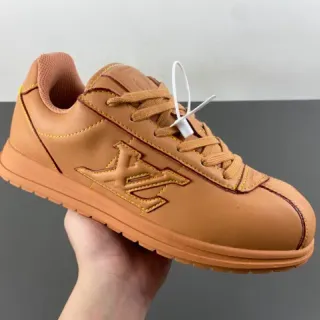 Marrom Beige Tan Couro Superior Costura Amarela Contraste Tênis