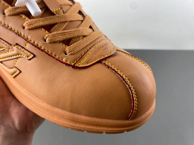 Brown Beige Tan Leather Upper Contrast Yellow Stitching Sneakers 2
