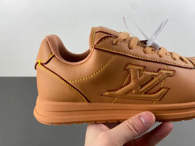 Brown Beige Tan Leather Upper Contrast Yellow Stitching Sneakers 3