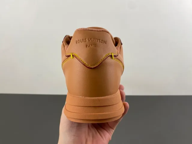 Brown Beige Tan Leather Upper Contrast Yellow Stitching Sneakers 4
