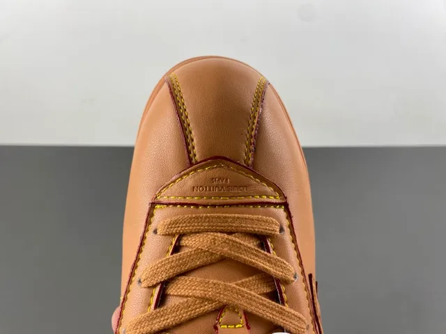 Brown Beige Tan Leather Upper Contrast Yellow Stitching Sneakers 7