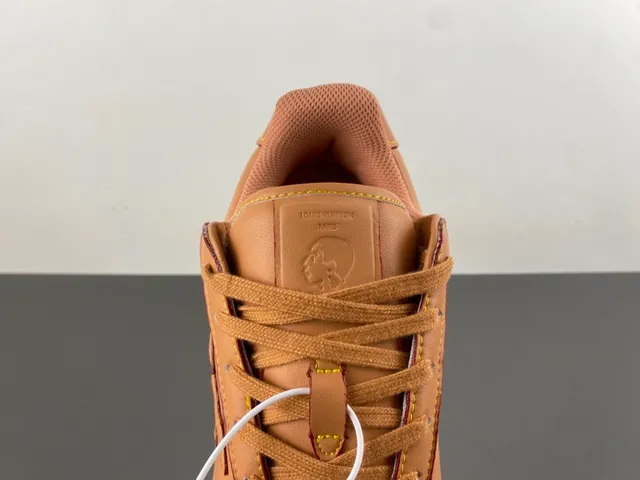 Brown Beige Tan Leather Upper Contrast Yellow Stitching Sneakers 8