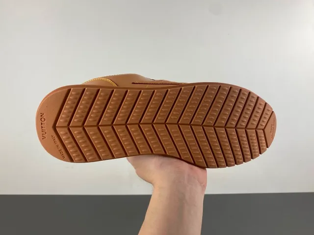 Brown Beige Tan Leather Upper Contrast Yellow Stitching Sneakers 9