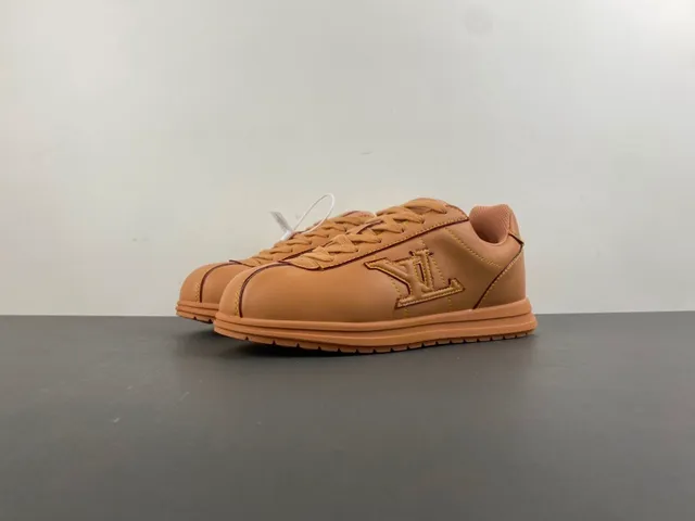 Brown Beige Tan Leather Upper Contrast Yellow Stitching Sneakers 10
