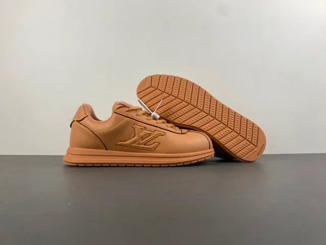 Brown Beige Tan Leather Upper Contrast Yellow Stitching Sneakers 12