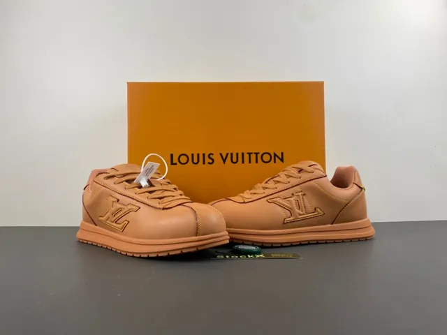 Brown Beige Tan Leather Upper Contrast Yellow Stitching Sneakers 13