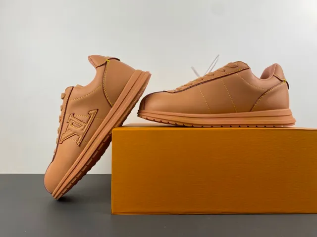 Brown Beige Tan Leather Upper Contrast Yellow Stitching Sneakers 14