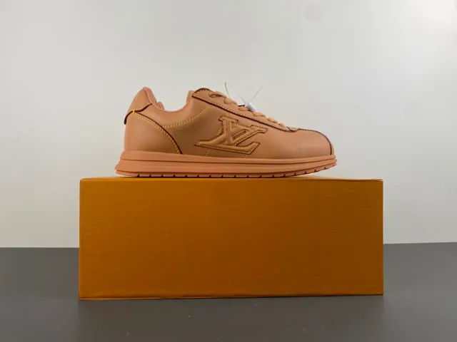 Brown Beige Tan Leather Upper Contrast Yellow Stitching Sneakers 15