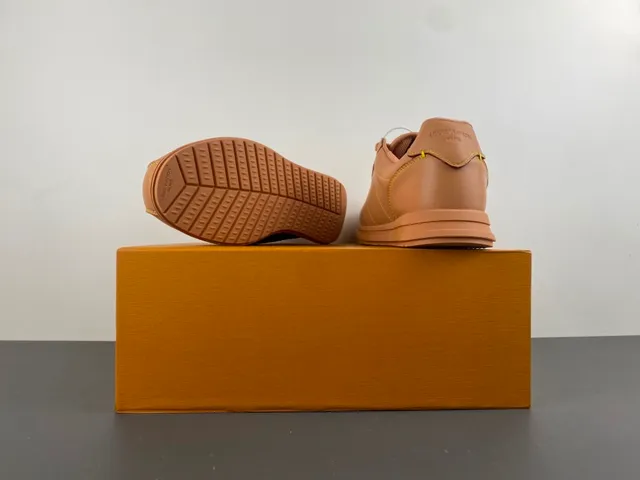 Brown Beige Tan Leather Upper Contrast Yellow Stitching Sneakers 16