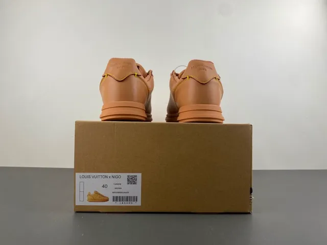 Brown Beige Tan Leather Upper Contrast Yellow Stitching Sneakers 17