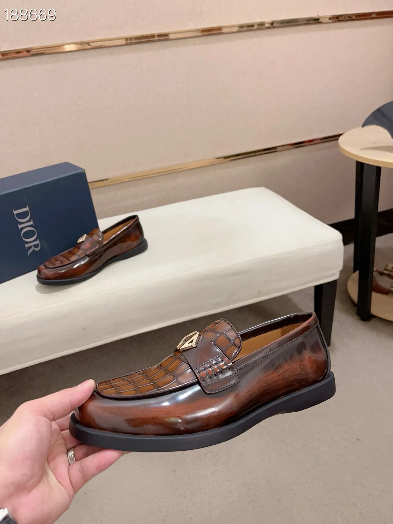 Brown Black Polished Leather Crocodile-Embossed Strap Loafer 5