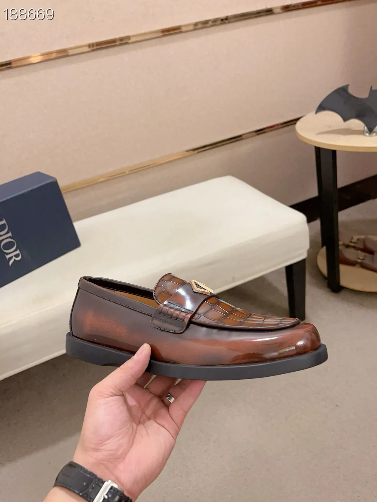 Brown Black Polished Leather Crocodile-Embossed Strap Loafer 6