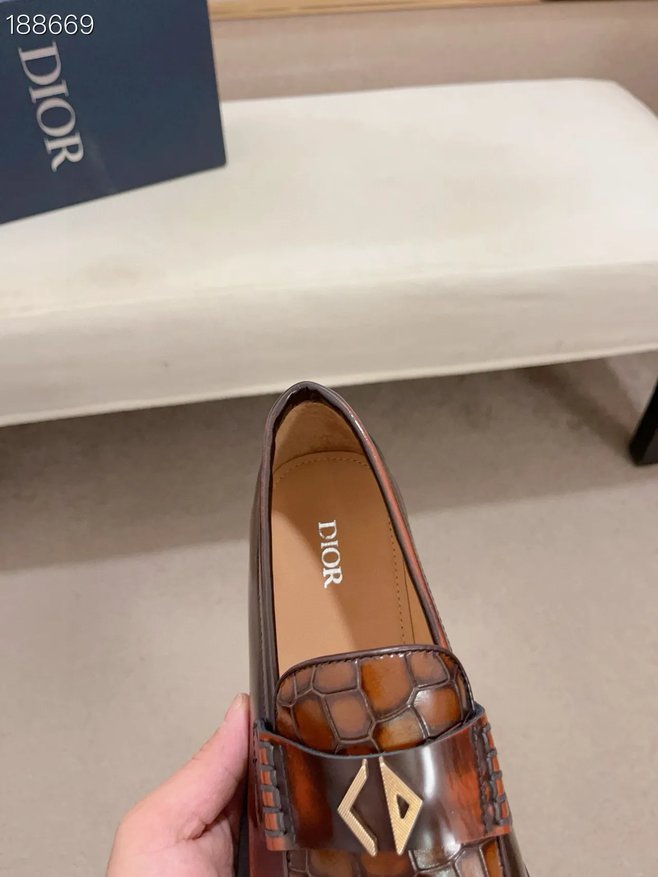 Brown Black Polished Leather Crocodile-Embossed Strap Loafer 8