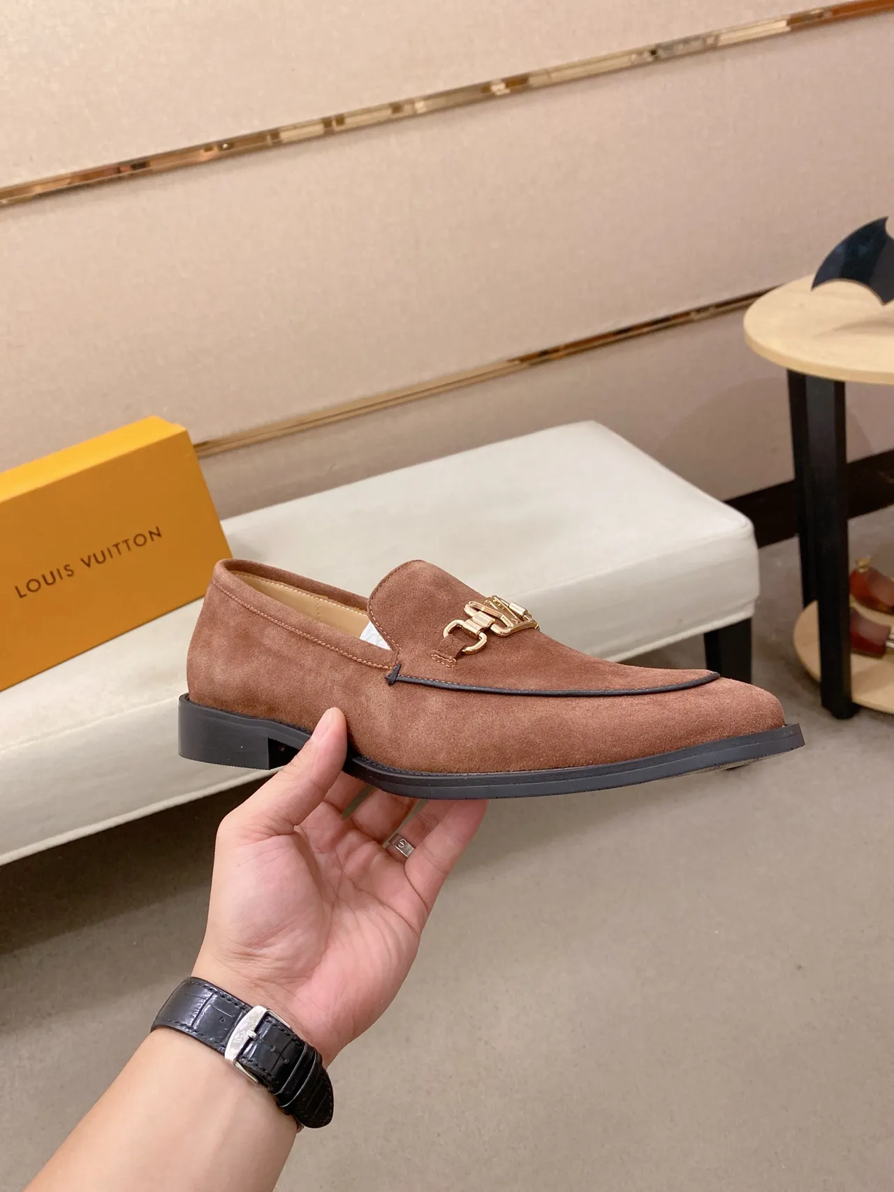 Brown Black Suede Upper Gold-Tone Horsebit Buckle Loafer 4
