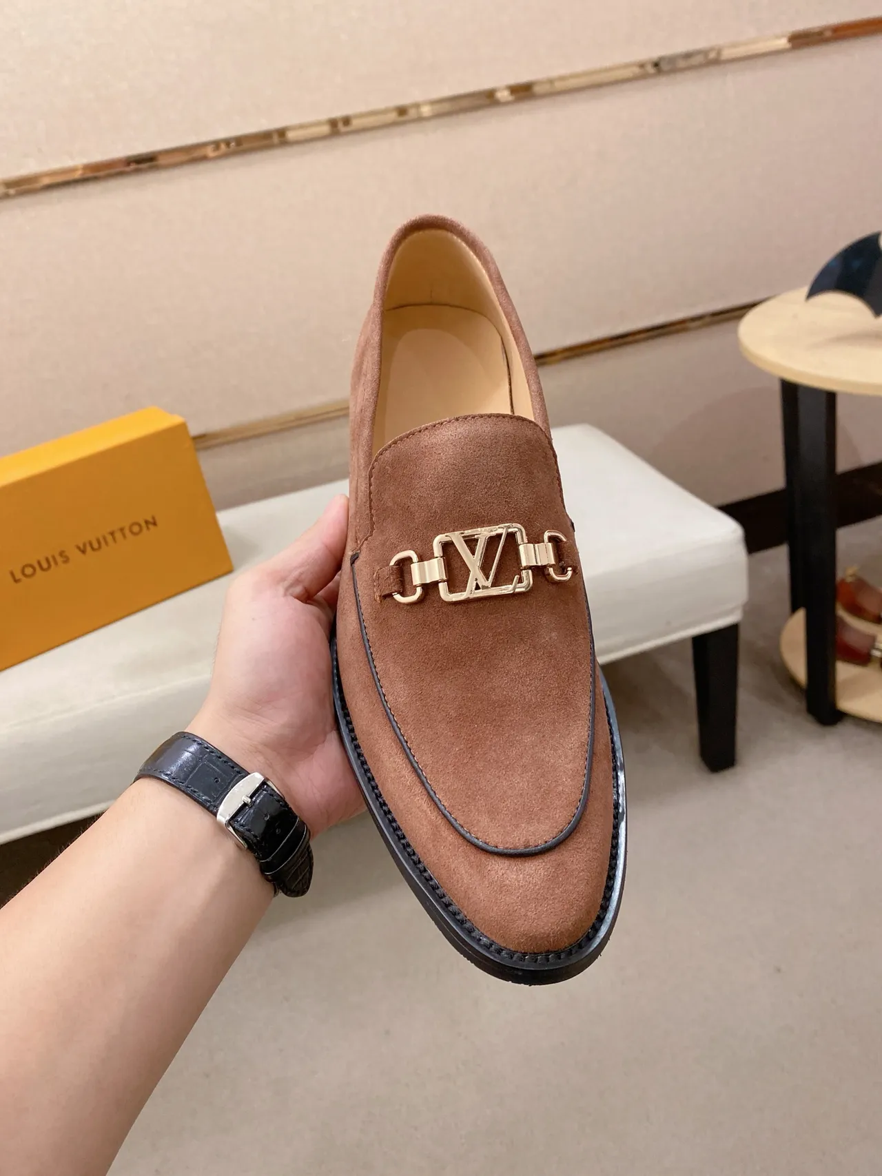 Brown Black Suede Upper Gold-Tone Horsebit Buckle Loafer 5