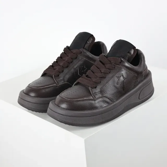 Brown Pebbled Leather Star Logo Platform Sneakers 2