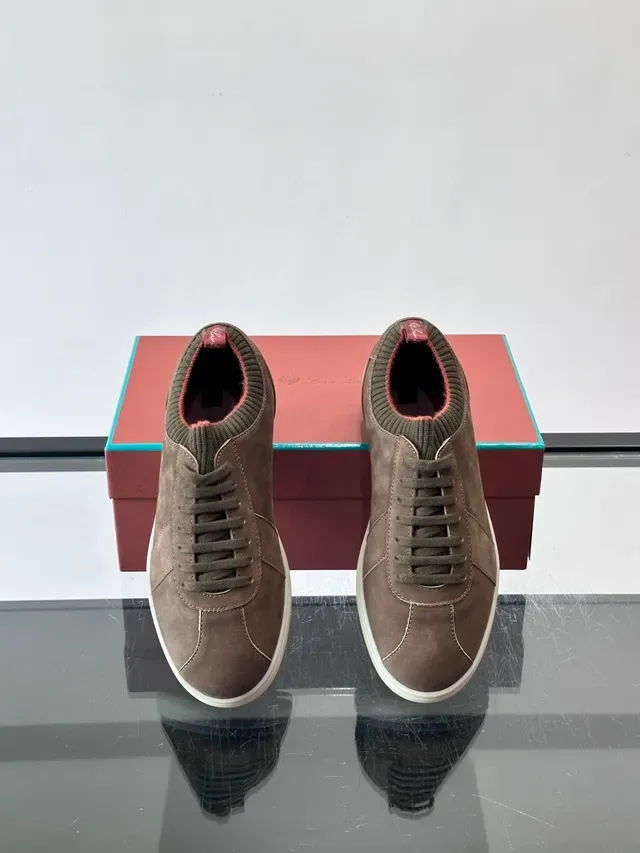 Brown Red Suede Upper Knit Ribbed Collar Sneakers 4
