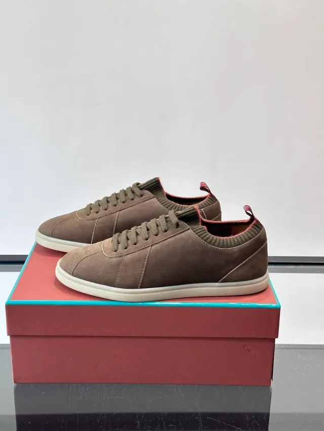 Brown Red Suede Upper Knit Ribbed Collar Sneakers 5