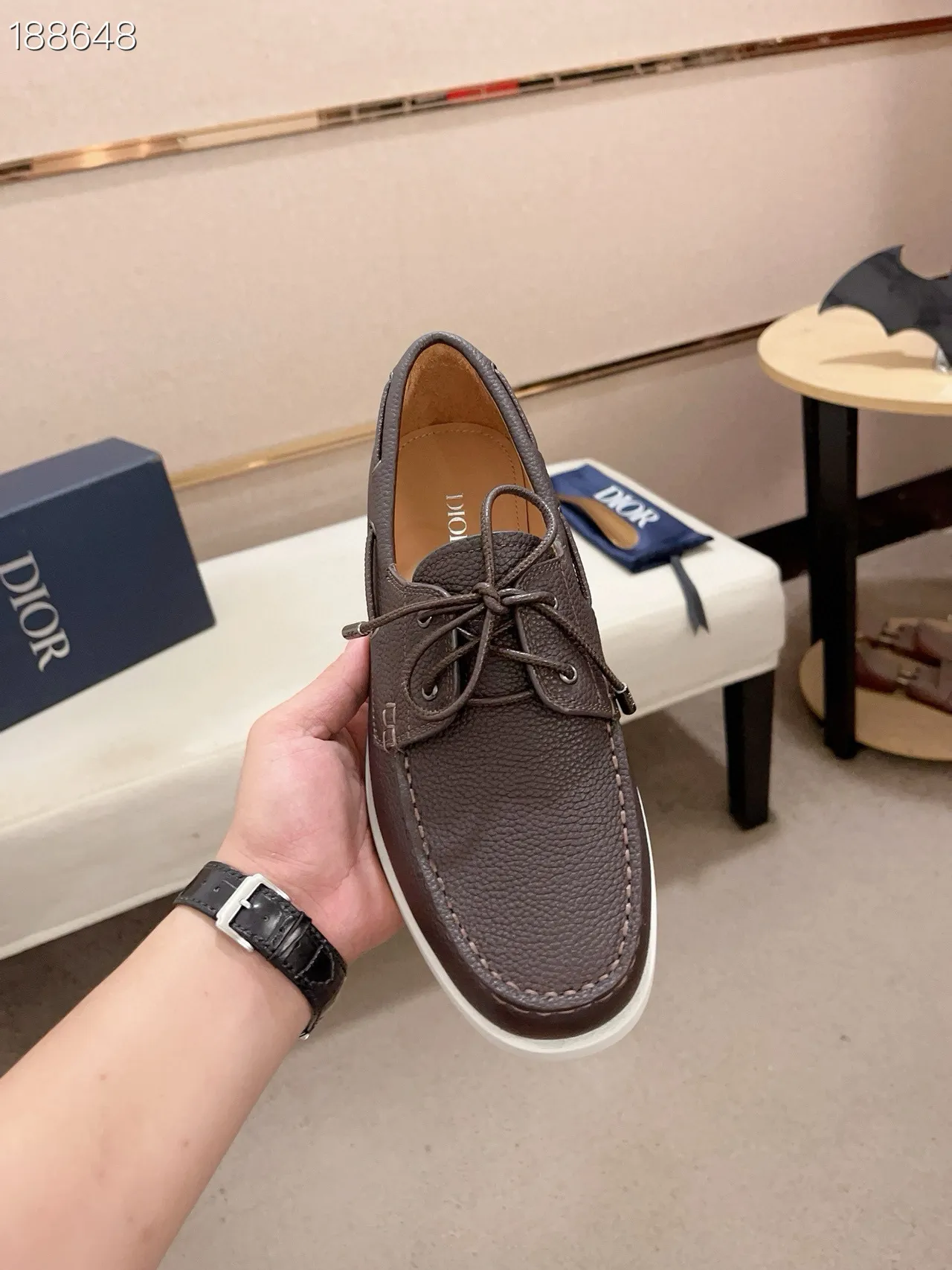 Brown White Pebbled Leather Moc-Toe Stitching Boat Shoes 4