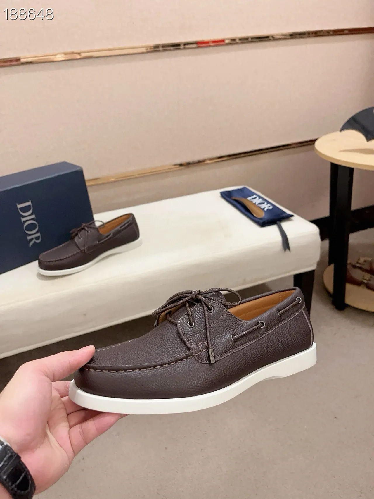 Brown White Pebbled Leather Moc-Toe Stitching Boat Shoes 5