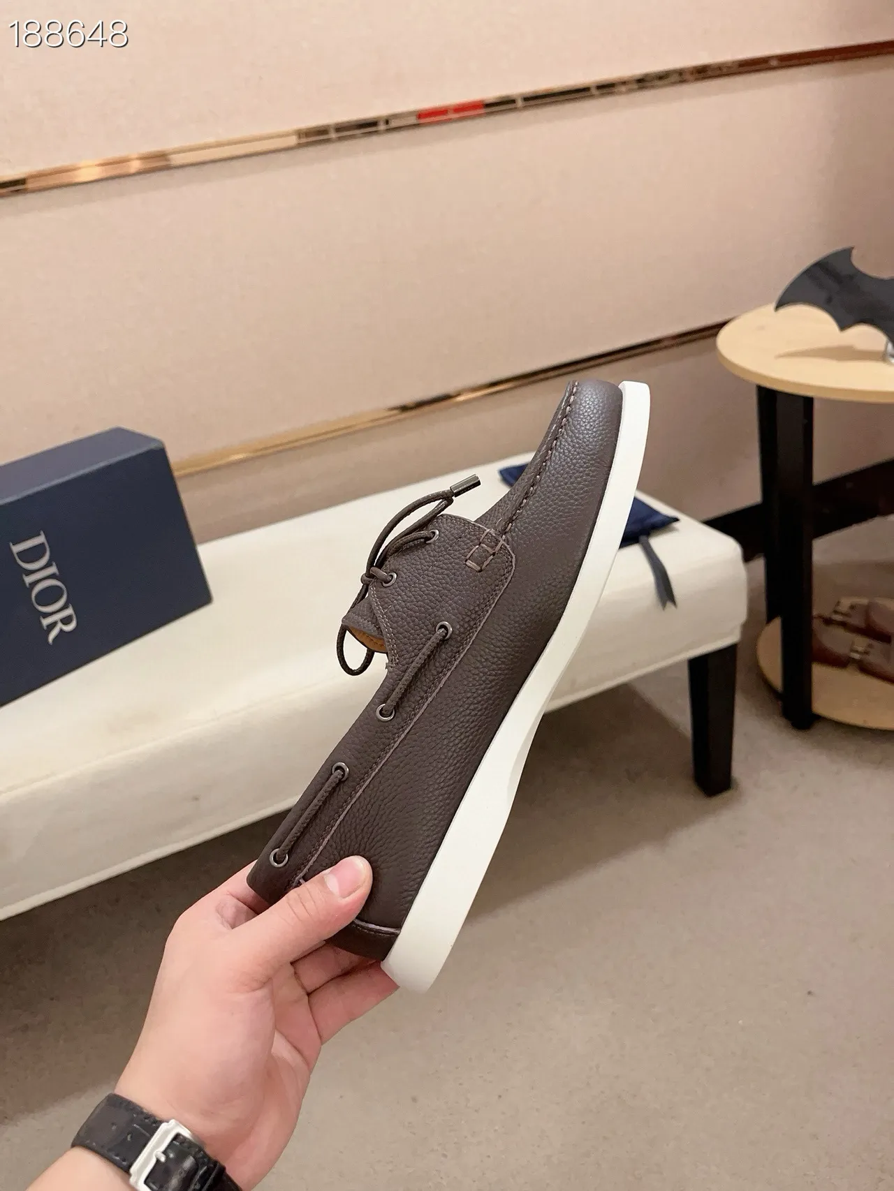Brown White Pebbled Leather Moc-Toe Stitching Boat Shoes 7