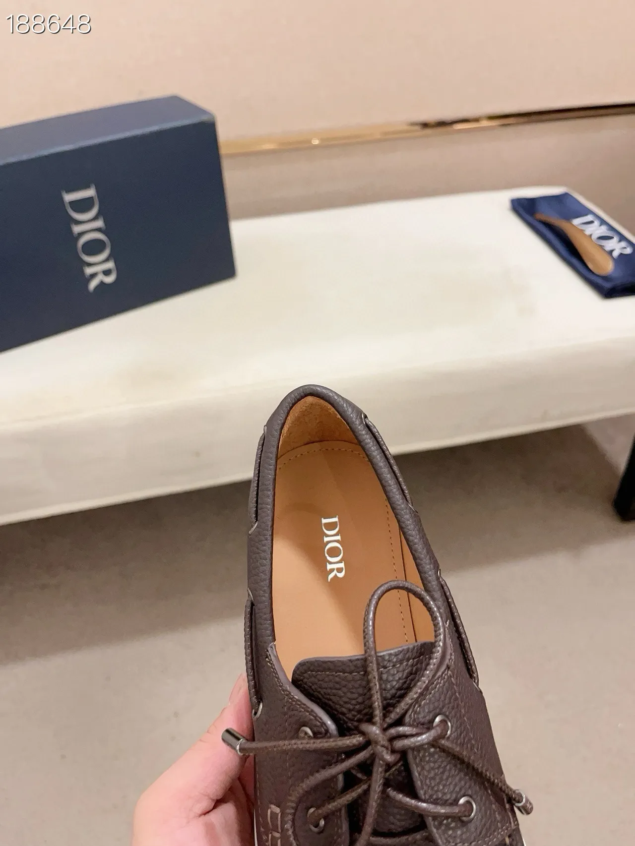 Brown White Pebbled Leather Moc-Toe Stitching Boat Shoes 8