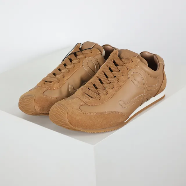 Brown White Suede And Leather Upper Stitched Abstract Motif Lifestyle Sneakers 2