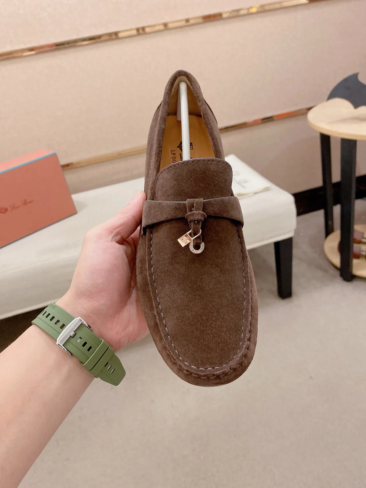 Brown White Suede Upper Metal-Accented Strap Loafer 2