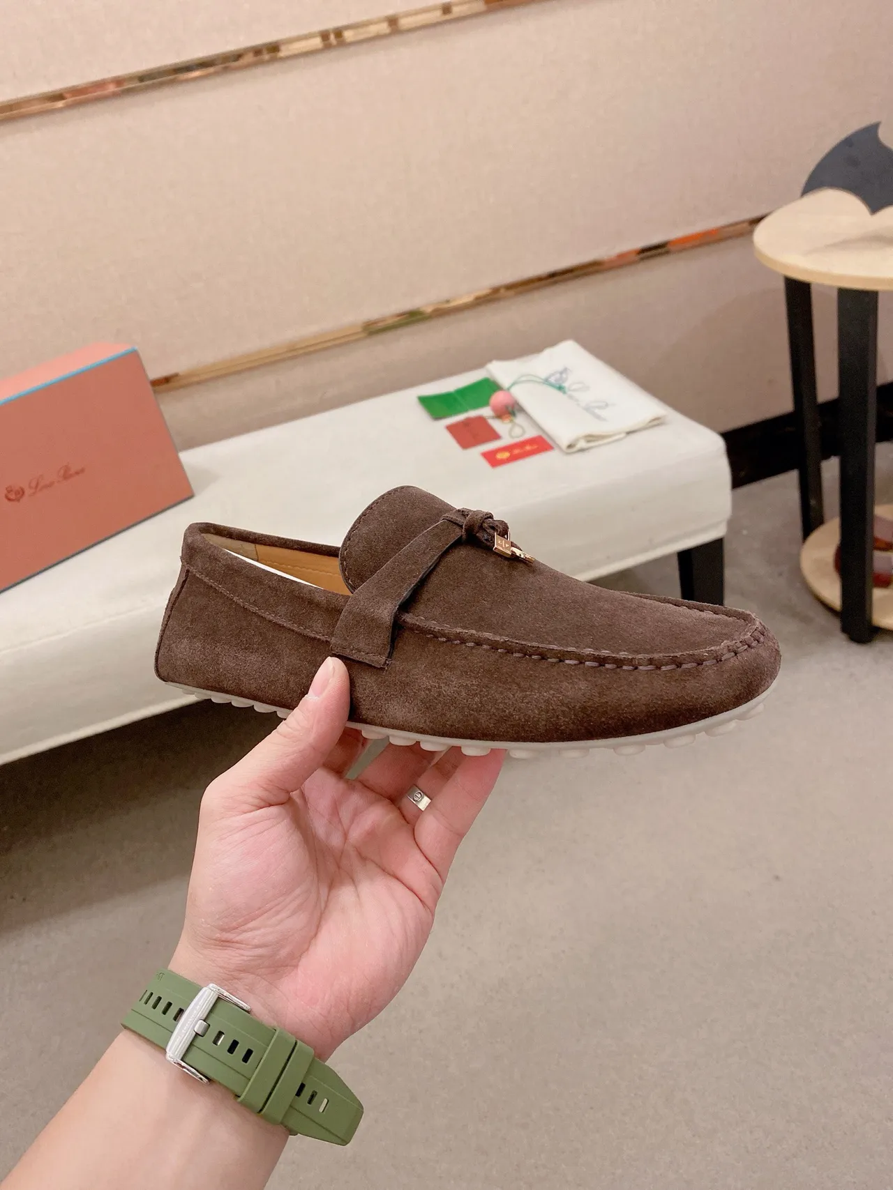 Brown White Suede Upper Metal-Accented Strap Loafer 4