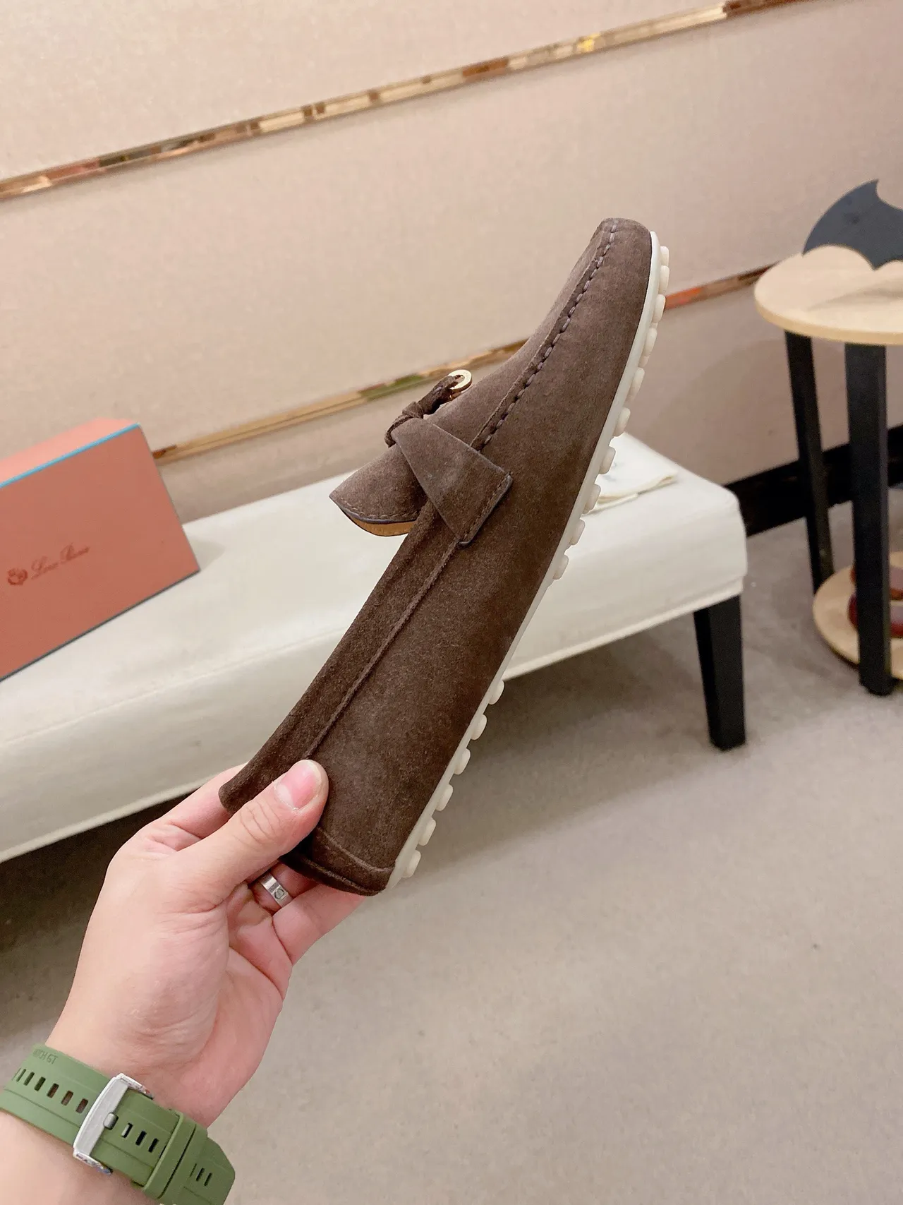 Brown White Suede Upper Metal-Accented Strap Loafer 5