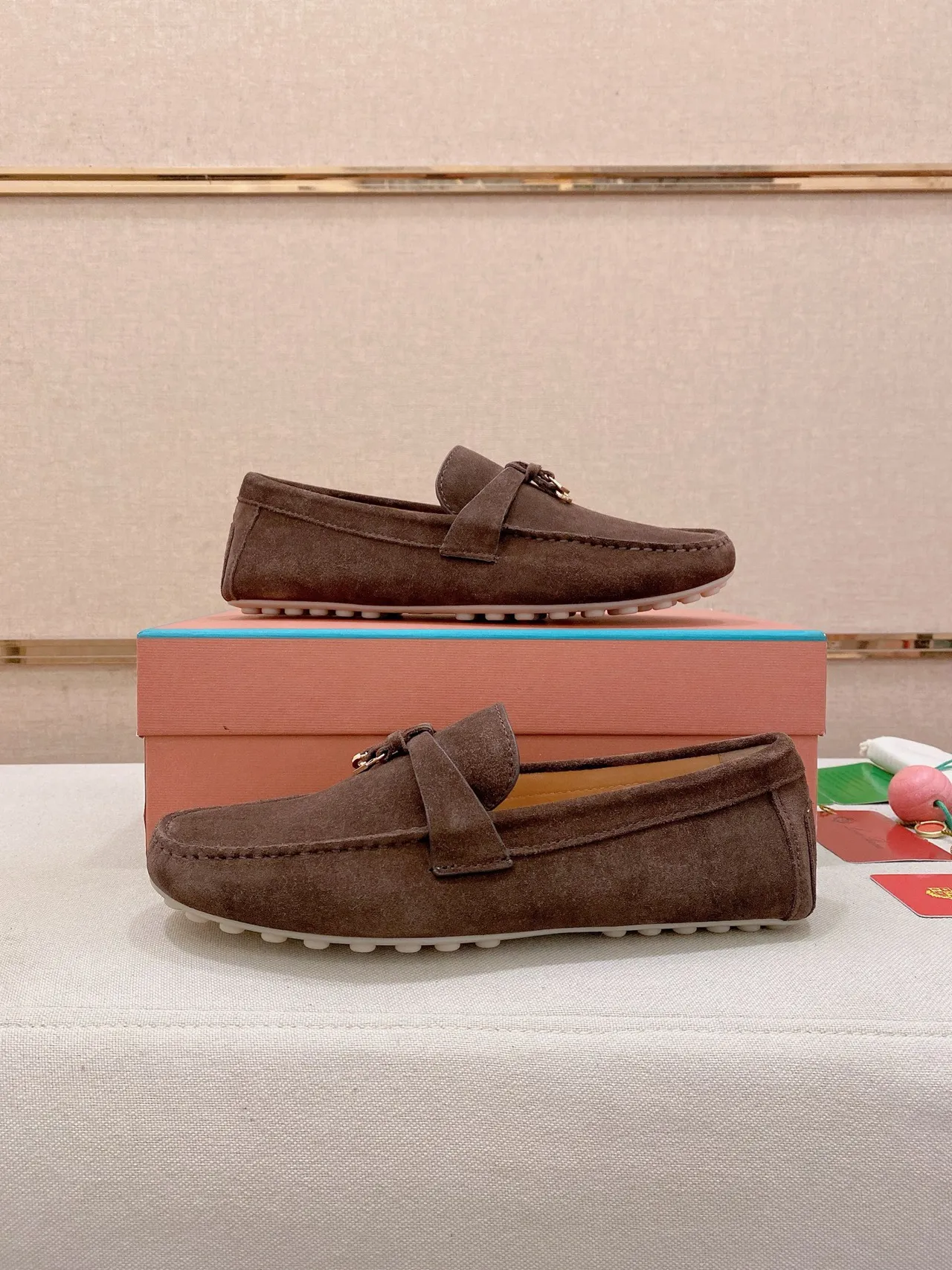 Brown White Suede Upper Metal-Accented Strap Loafer 7