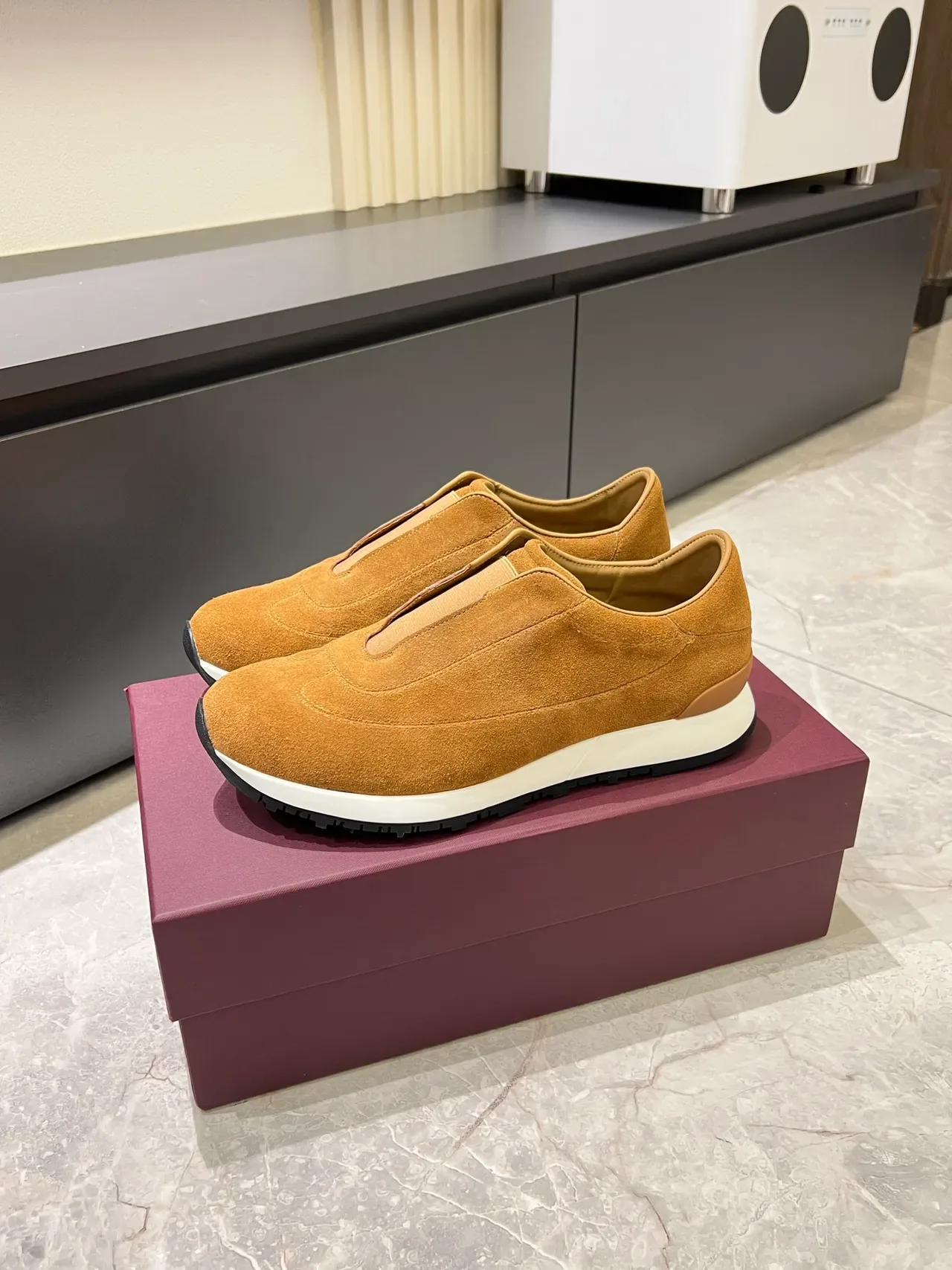 Brown White Suede Upper Slip-On Construction Sneakers 5