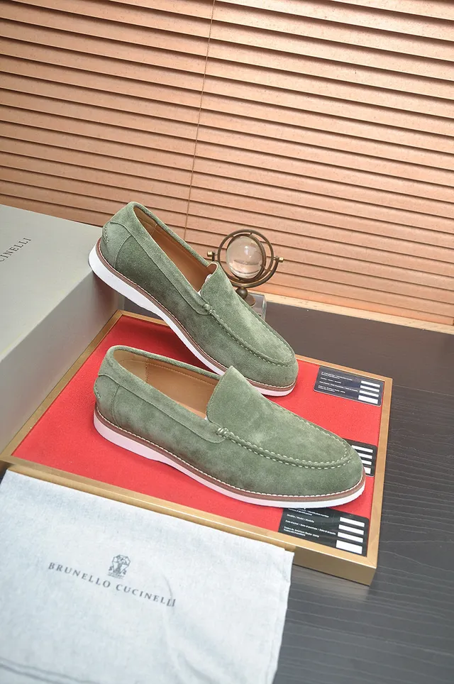 Brunello Cucinelli Green White Suede Upper Moc-Toe Stitching Loafer 6