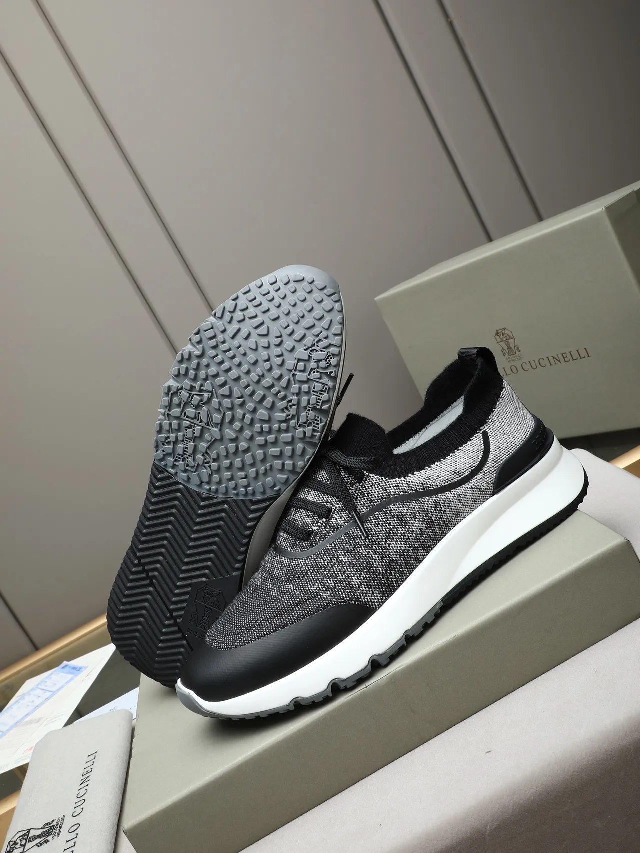 Brunello Cucinelli Knit Heathered Black and White Lifestyle Sneaker 4