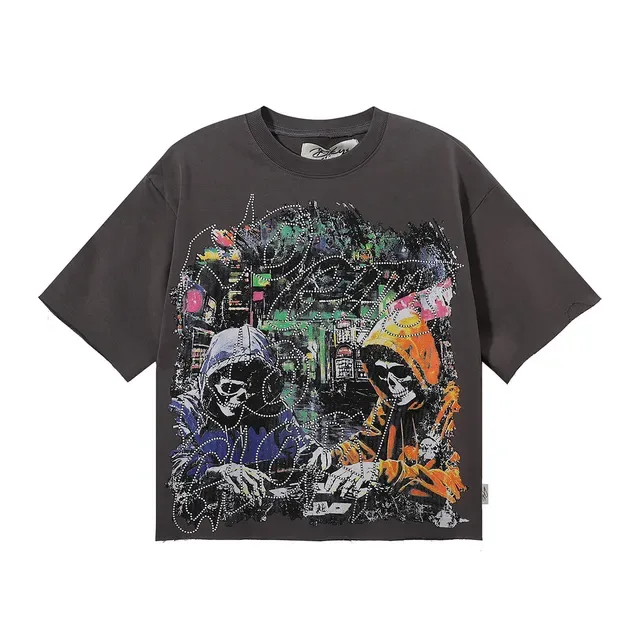 Charcoal Gray Rhinestone-Embellished Skull Graphic Oversized T-Shirt 3