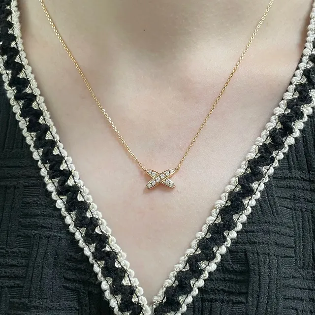 Chaumet Liens Gold Silver X-Shaped Pendant Pavé-Set Stones Necklace 8