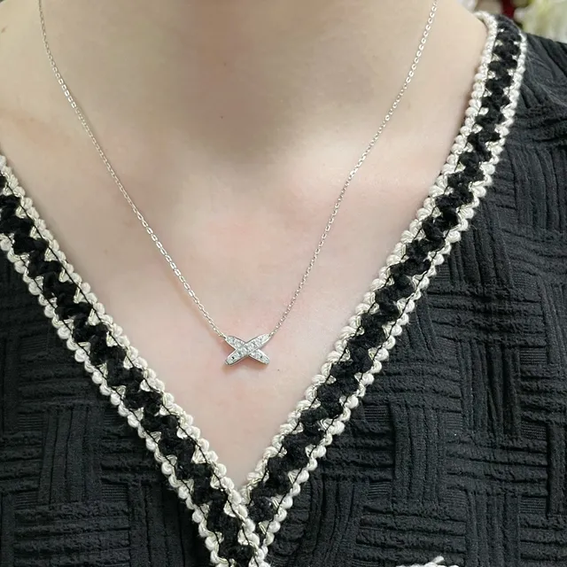 Chaumet Liens Gold Silver X-Shaped Pendant Pavé-Set Stones Necklace 9