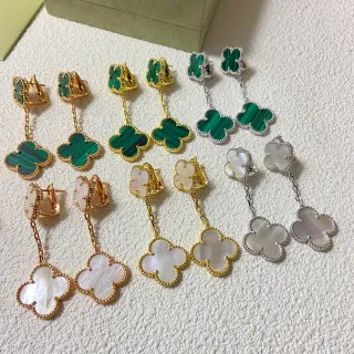 Clover-Shaped Malachite and Mother-of-Pearl Drop Earrings