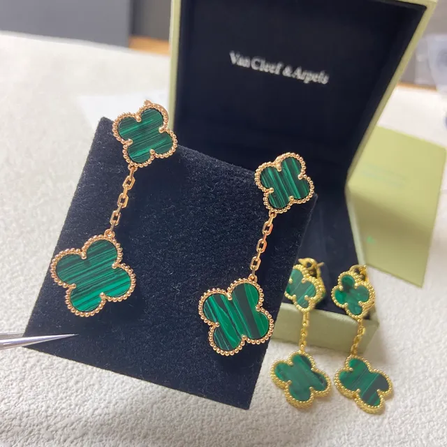 Clover-Shaped Malachite and Mother-of-Pearl Drop Earrings 7