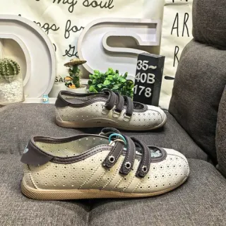 Cream Perforated Dual-Strap Mary Jane Shoes